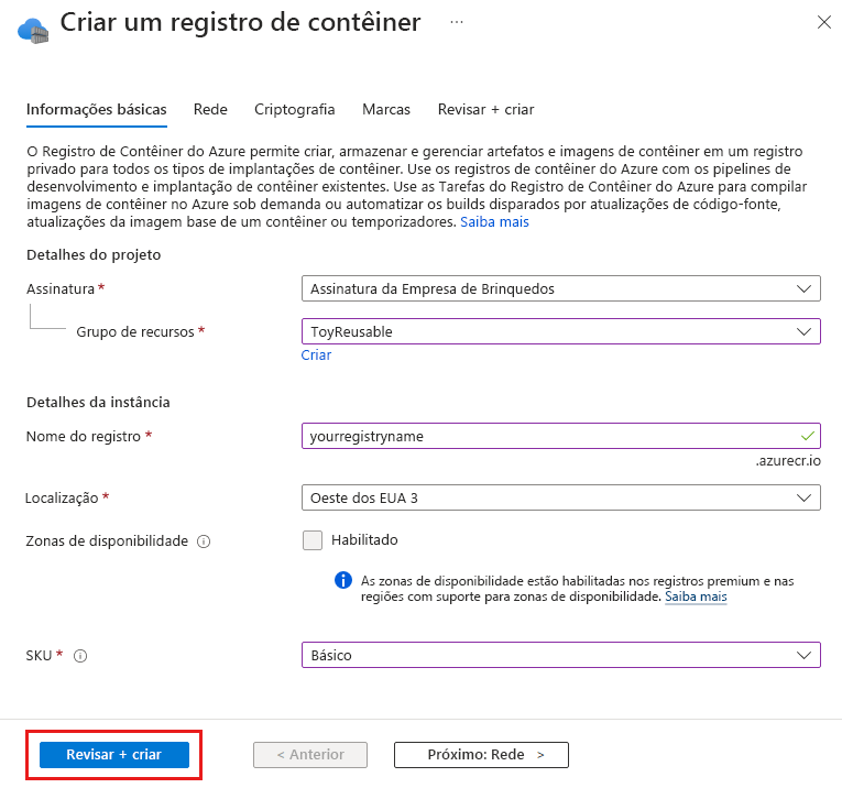 Captura de ecrã do portal do Azure que mostra a página de criação do registo de contentor.