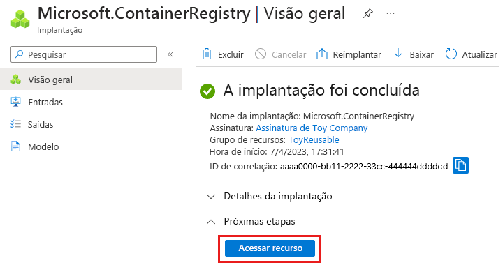 Captura de ecrã do portal do Azure que mostra a implementação do registo de contentor, com o botão para ir para um recurso realçado.