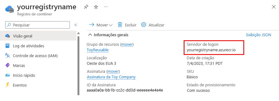 Captura de ecrã do portal do Azure que mostra os detalhes do registo de contentor, com o servidor de início de sessão realçado.