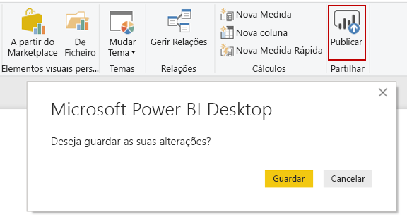 Captura de ecrã do Microsoft Power BI botão Publicar no Ambiente de Trabalho.