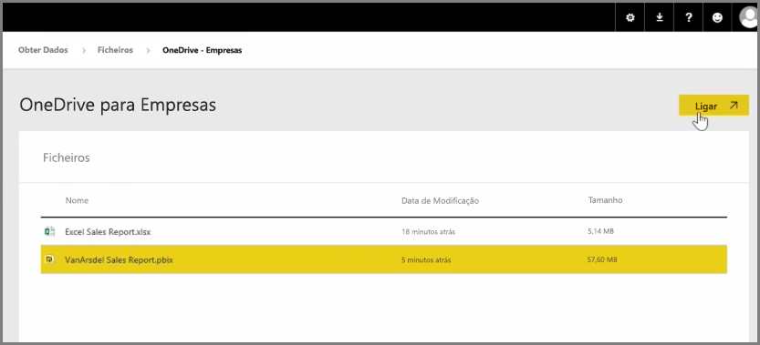Captura de ecrã do OneDrive para Empresas selecionando um ficheiro PBIX.