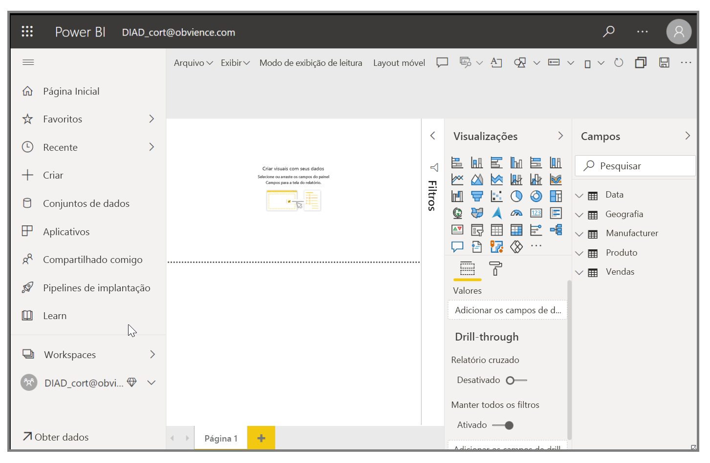 Captura de ecrã de Power BI com um painel importado.