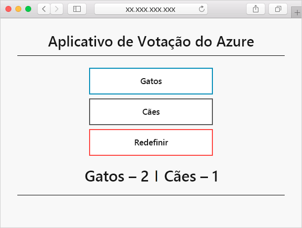 Captura de tela que mostra o aplicativo de votação do Azure com duas opções em um navegador. Cães e Gatos.