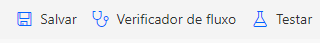 Opções de teste do Sales Insights: salvar, verificador de fluxo e testar.
