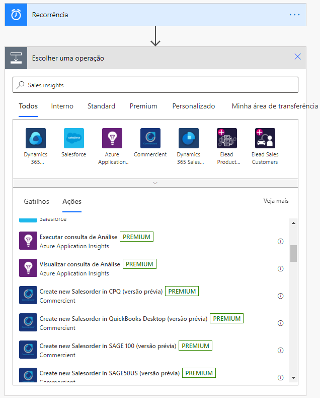 Procure o conector do Sales Insights.