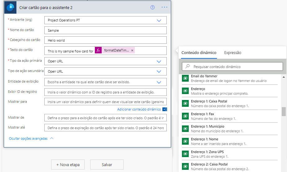 Mostrar para a coluna selecionada e a caixa de diálogo Conteúdo dinâmico mostrando registros de lista.