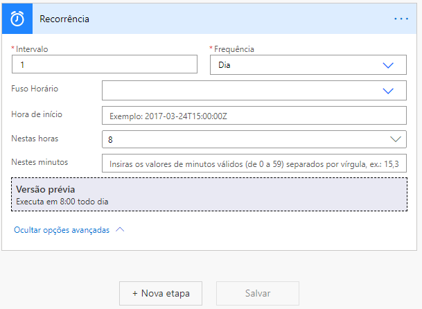 Configurações de recorrência com intervalo definido como 1 e frequência definida como dia. A versão preliminar é executada às 8h todos os dias.