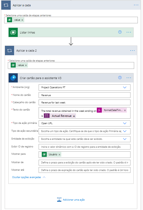 Aplique a cada um a ação Listar registros e, em seguida, aplique a cada 2 a ação Criar cartão para o assistente.