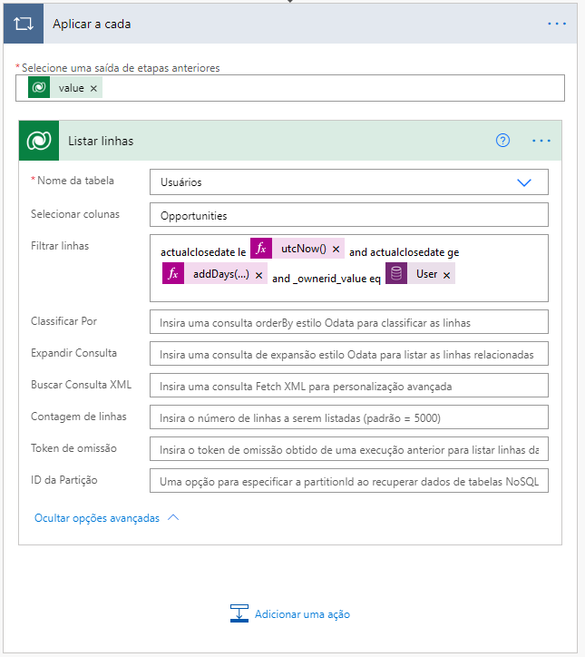 A Consulta de Filtro é definida como actualclosedate le utcNow() e actualclosedate ge addDays(...) e _ownerid_value eq User.