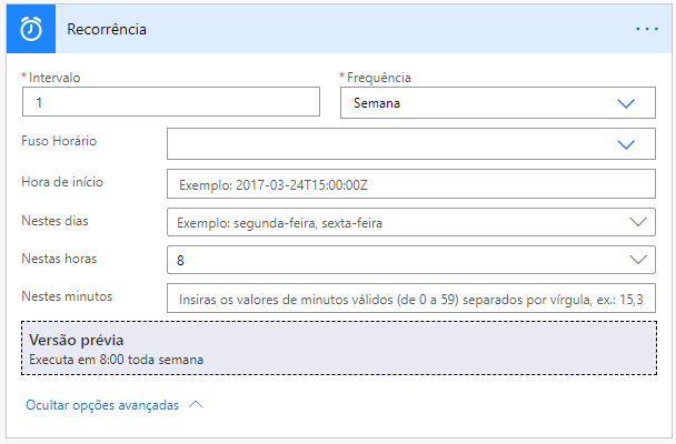 Caixa de diálogo de recorrência com Intervalo definido como 1 e Frequência definida como Semana.