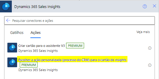 Selecione Escolher ação personalizada (processo do CRM) para um cartão de insights.