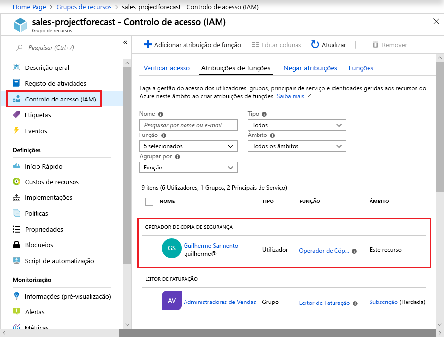 Captura de ecrã do portal do Azure a mostrar o painel de atribuição de Função de controlo de acesso com a secção Operador de cópia de segurança realçada.