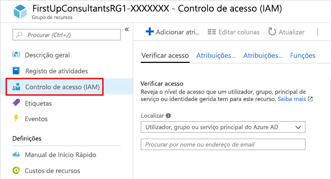 Captura de tela mostrando a opção Controle de acesso (IAM) no painel do grupo de recursos.