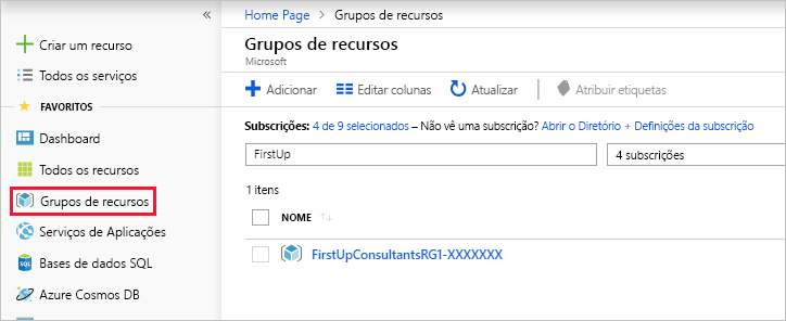 Captura de ecrã do portal do Azure que mostra como procurar grupos de recursos.