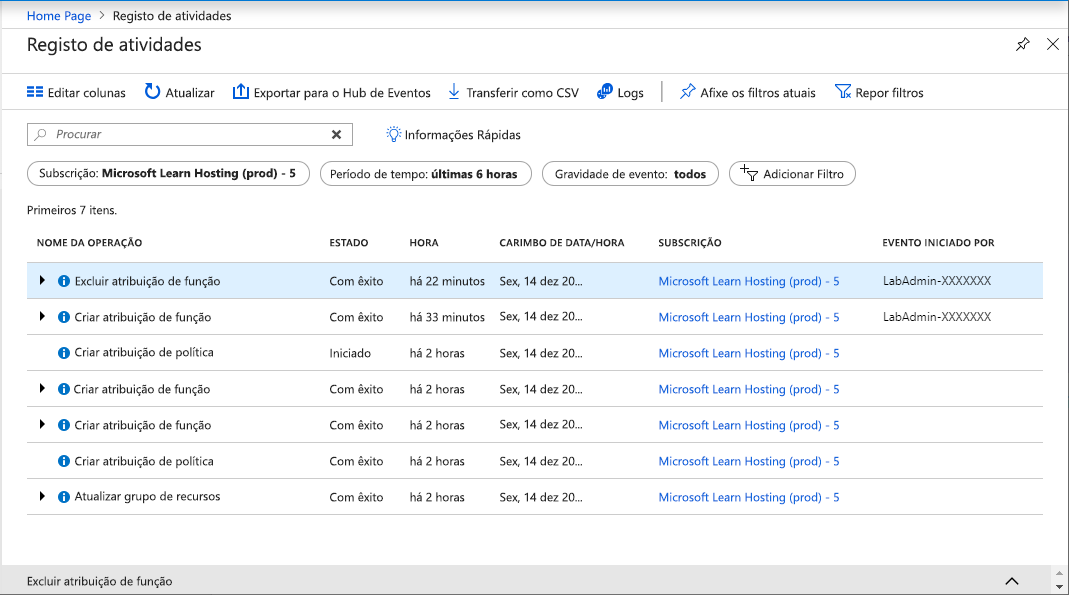 Screenshot of the Azure portal showing the Activity logs.