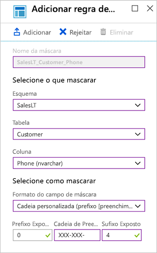 Captura de ecrã do portal do Azure a mostrar os valores para adicionar uma regra de máscara.