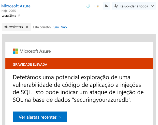 A captura de tela mostra um exemplo de aviso de notificação do Microsoft Defender for Cloud.