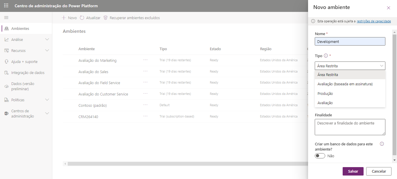 Captura de tela das configurações do novo ambiente.