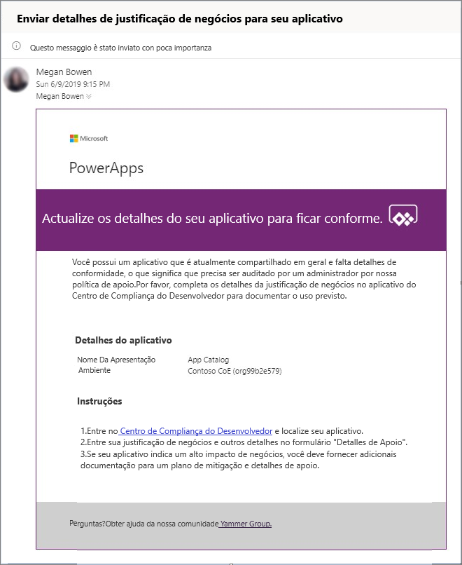 Captura de tela do email do COE com detalhes e instruções do aplicativo.