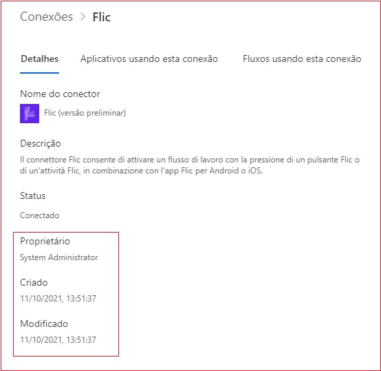 Captura de tela da guia detalhes da conexão de fluxo.
