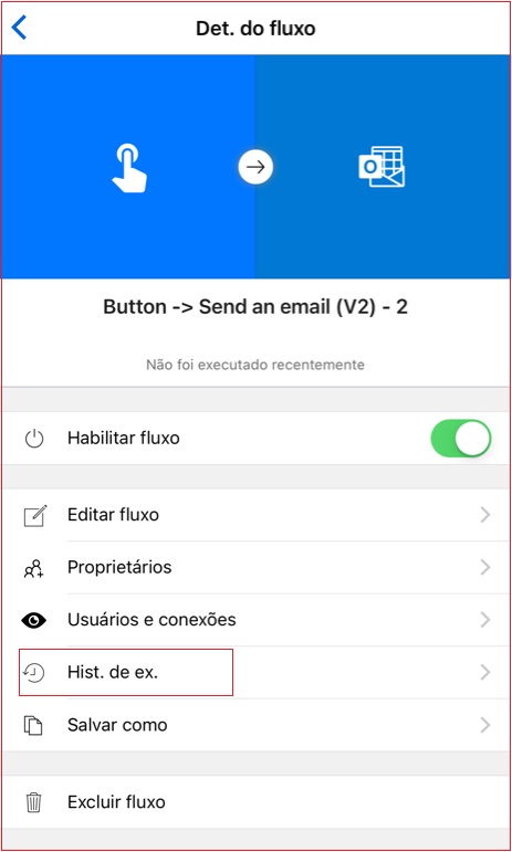 Captura de tela móvel da tela de detalhes do fluxo com o histórico de execução realçado.