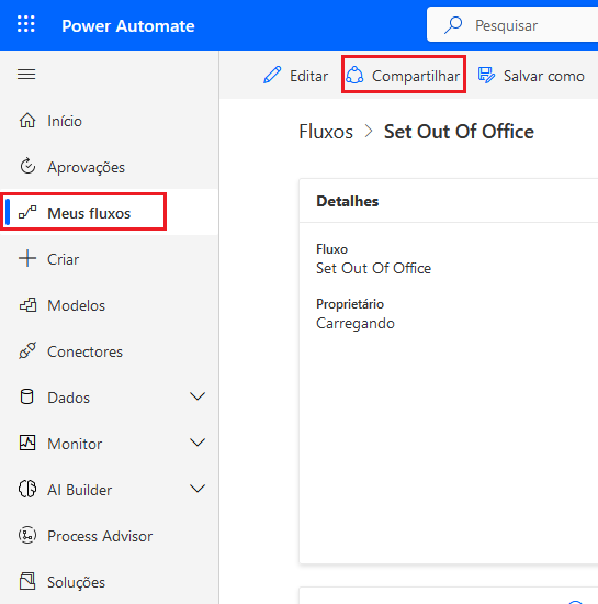 Captura de tela do fluxo da opção Compartilhar no Power Automate.