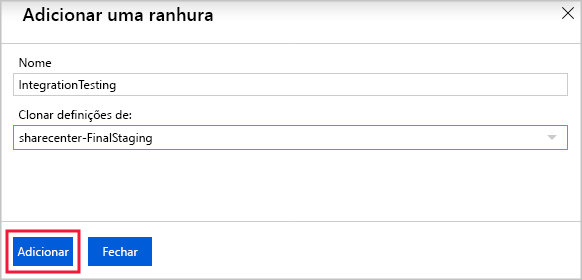 Screenshot of naming a new deployment slot and choosing whether to clone settings in the Azure portal.