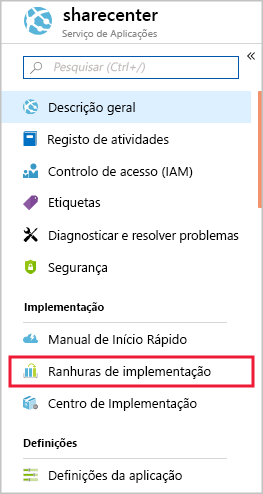 Captura de tela do menu Serviço de Aplicativo com os slots de Implantação realçados.