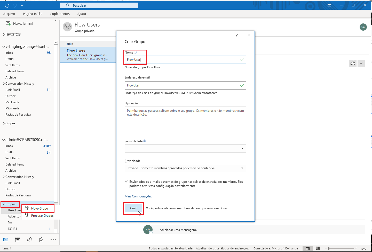 Captura de tela do Outlook com a caixa de diálogo novo grupo aberta.