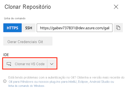 Captura de tela do Azure DevOps que mostra as configurações do repositório, com o botão para clonagem no Visual Studio Code realçado.