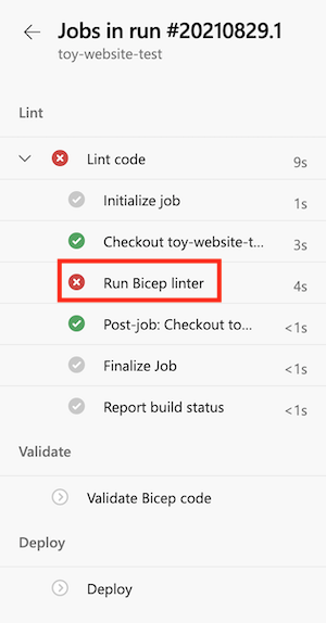 Captura de tela do log do pipeline para o estágio Lint, com a etapa para executar um linter Bicep realçada.