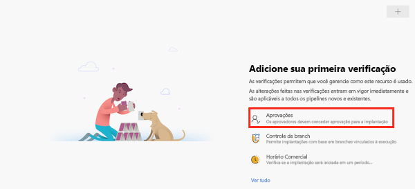 Captura de tela da interface do Azure DevOps que mostra a página para adicionar uma verificação, com o item Aprovações realçado.