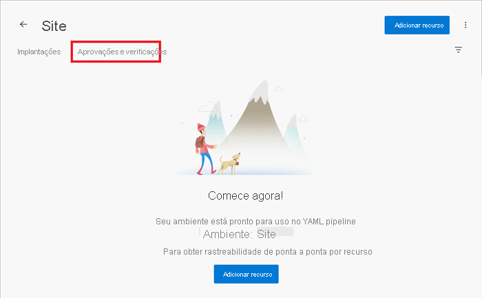 Captura de ecrã da interface do Azure DevOps que mostra o ambiente do Website, com o separador Aprovações e verificações realçado.