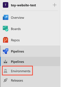 Captura de tela da interface do Azure DevOps que mostra o menu Pipelines, com o item Ambientes realçado.