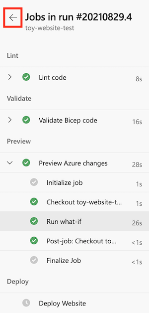 Captura de tela da interface do Azure DevOps que mostra o menu de log de pipeline, com a seta para trás realçada.