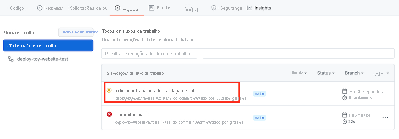 Captura de tela das Ações do GitHub com o link para a execução mais recente do fluxo de trabalho realçado.