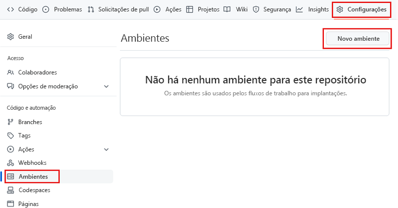 Captura de tela da interface do GitHub que mostra a página Ambientes, com o botão para criar um ambiente realçado.