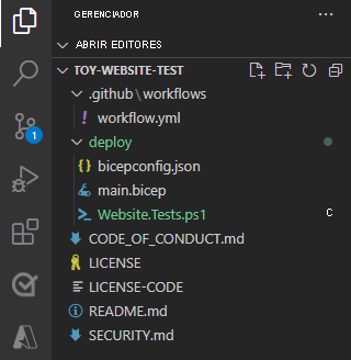 Captura de tela do Visual Studio Code Explorer, com a pasta deploy e o arquivo de teste mostrados.