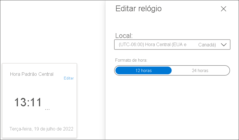 Captura de ecrã a mostrar as definições de Editar relógio para o mosaico Relógio no portal do Azure.