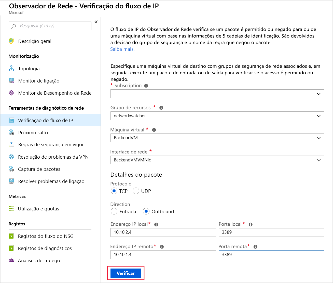 Captura de tela mostrando um teste de fluxo IP.