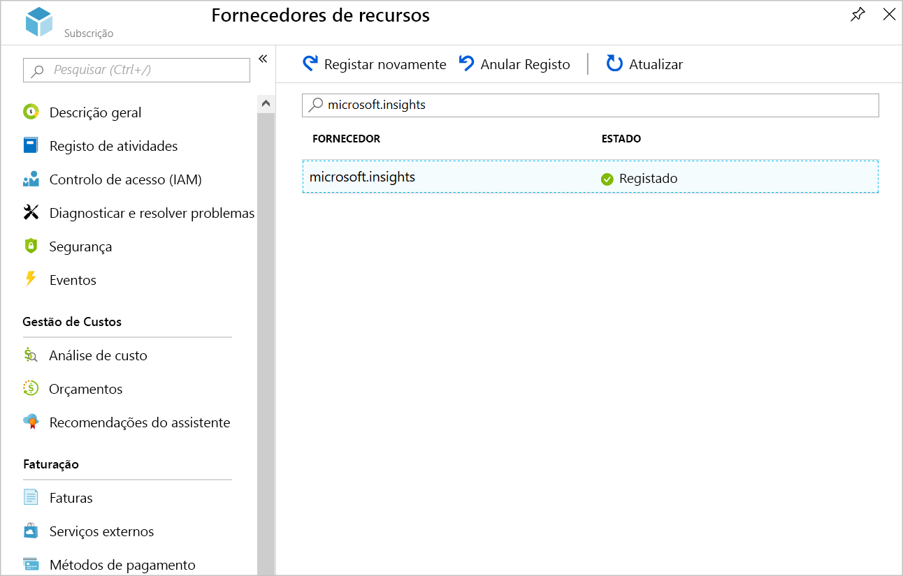 Screenshot showing the registered Microsoft.Insights provider.