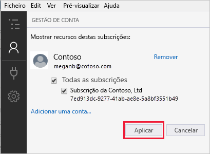 Captura de ecrã que mostra o painel de gestão de conta depois de iniciar sessão numa conta do Azure.