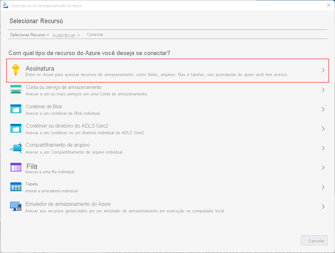 Captura de tela que mostra a tela Selecionar recurso no assistente de Armazenamento do Azure.