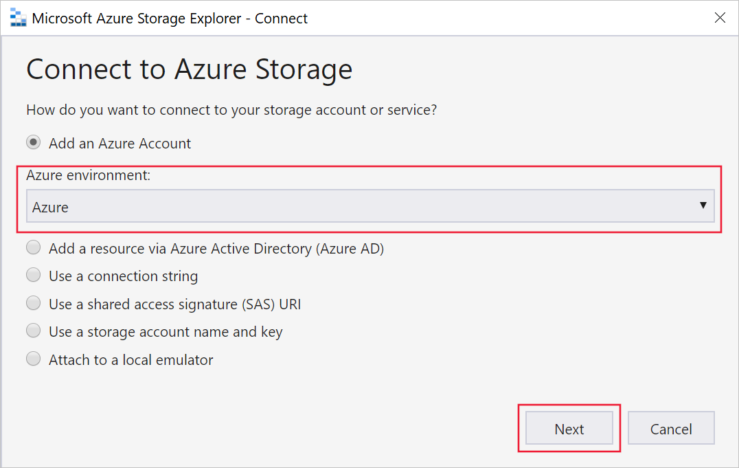 Captura de tela que mostra a tela Selecionar ambiente do Azure no assistente Conectar ao Armazenamento do Azure.