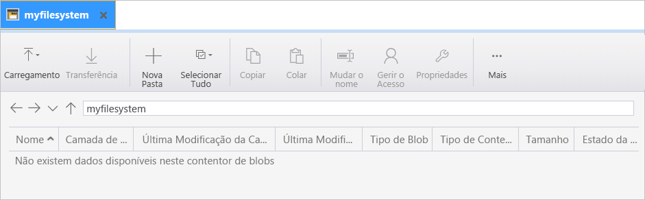 Captura de ecrã que mostra o friso e vista de controlo myfilesystem.