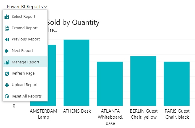 Captura de tela do recurso Gerenciar Relatórios do Power BI.