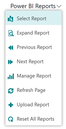 Captura de tela do menu suspenso de relatórios do Power BI.