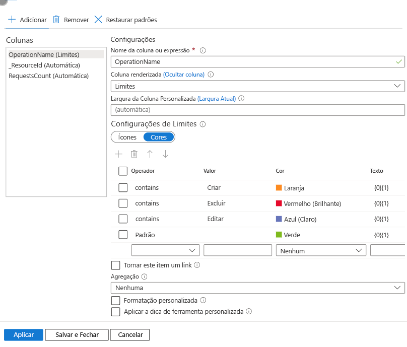 Screenshot that shows setting the colors in a grid in Azure Workbooks.