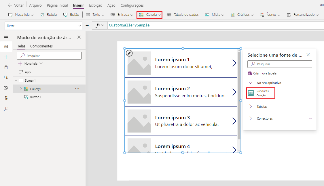 Captura de tela de inserção da galeria e seleção de Produtos.