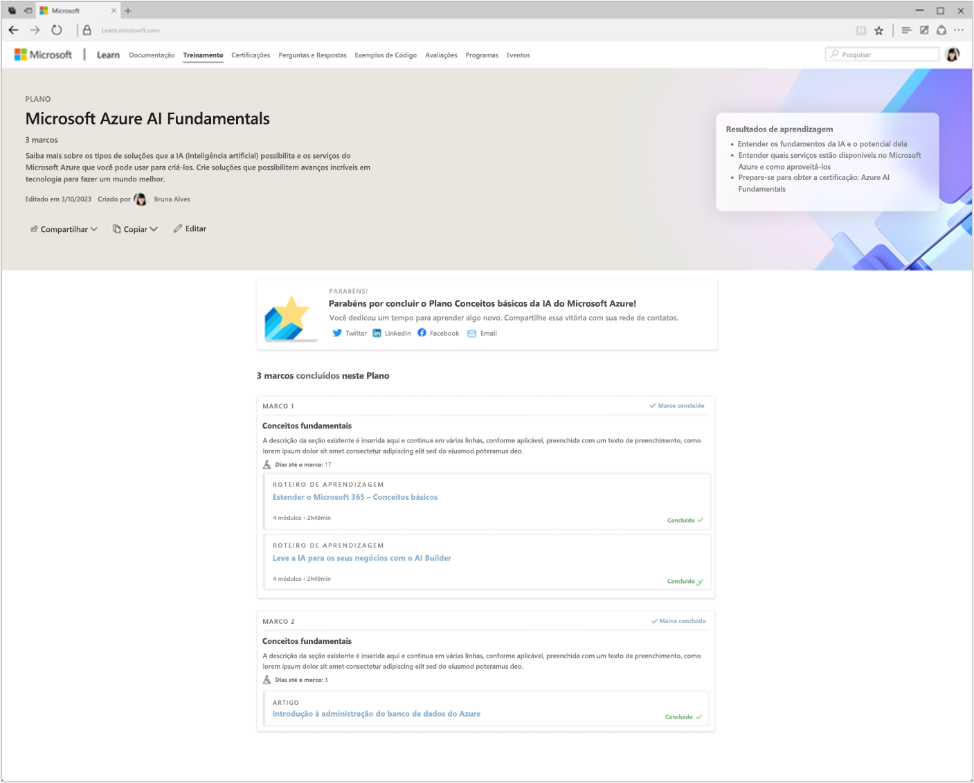 Captura de ecrã do Plano de Fundamentos de IA do Microsoft Azure